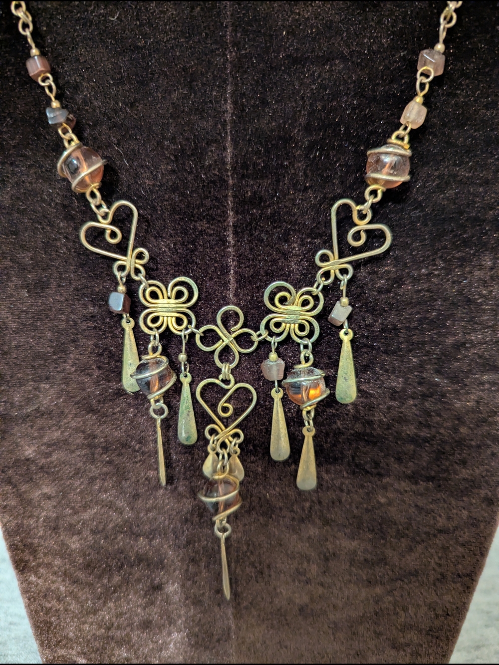 Vintage Bohemian Bronze Heart & Teardrop Pendant Necklace with Amber Beads